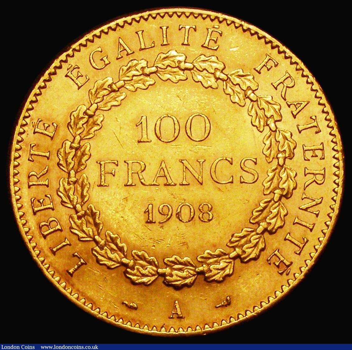 London Coins : A182 : Lot 1100 : France 100 Francs Gold 1908A Paris Mint KM#858 NEF lightly cleaned with some contact marks