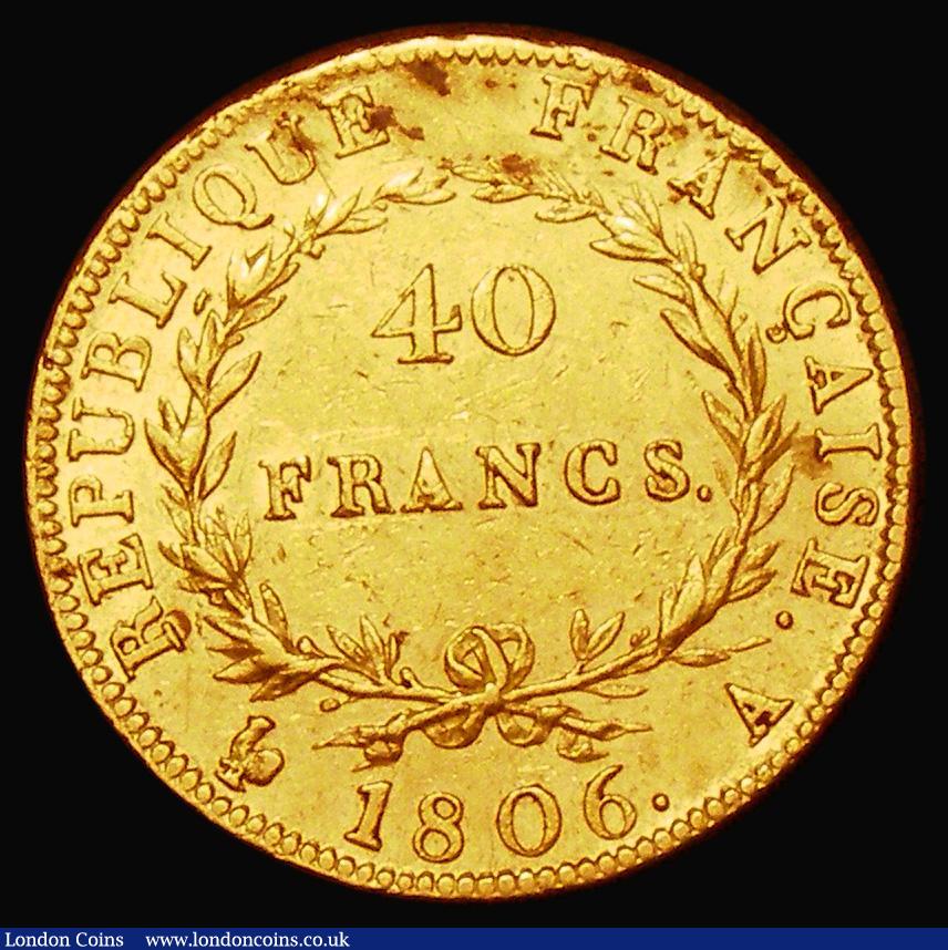 London Coins : A182 : Lot 1109 : France 40 Francs Gold 1806A Bare Head, Paris Mint KM#675.1 Good Fine the reverse with some small spo...