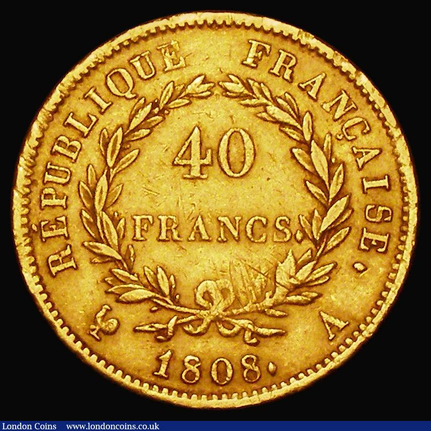 London Coins : A182 : Lot 1110 : France 40 Francs Gold 1808A Paris Mint KM#688.1 Fine with some scratches below FRANCS