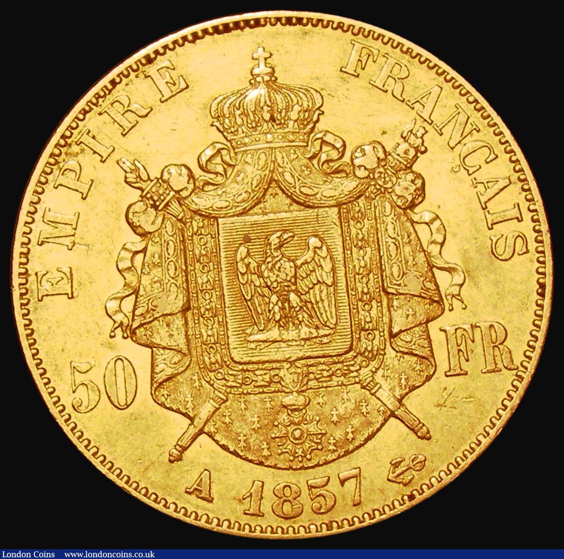 London Coins : A182 : Lot 1126 : France 50 Francs Gold 1857A, Paris Mint, KM#785.1 VF the reverse with some deeper hairlines above th...