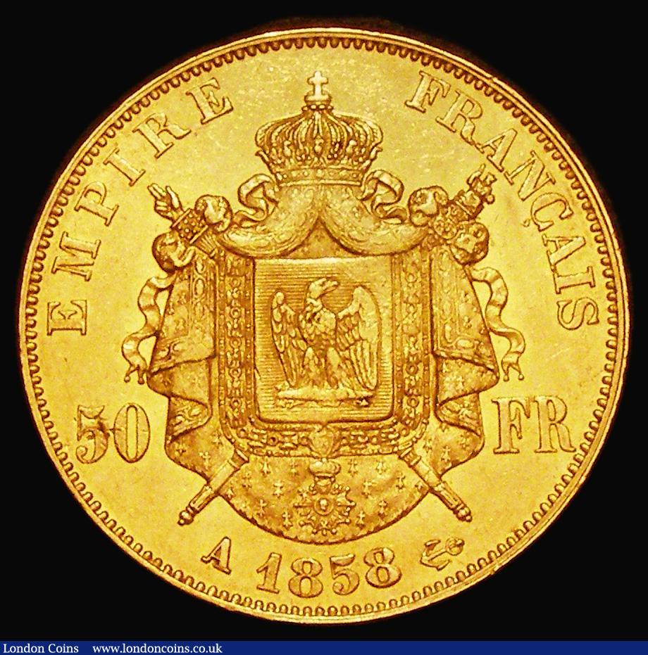 London Coins : A182 : Lot 1127 : France 50 Francs Gold 1858A Paris Mint KM#785.1 NEF with minor contact marks and an edge nick