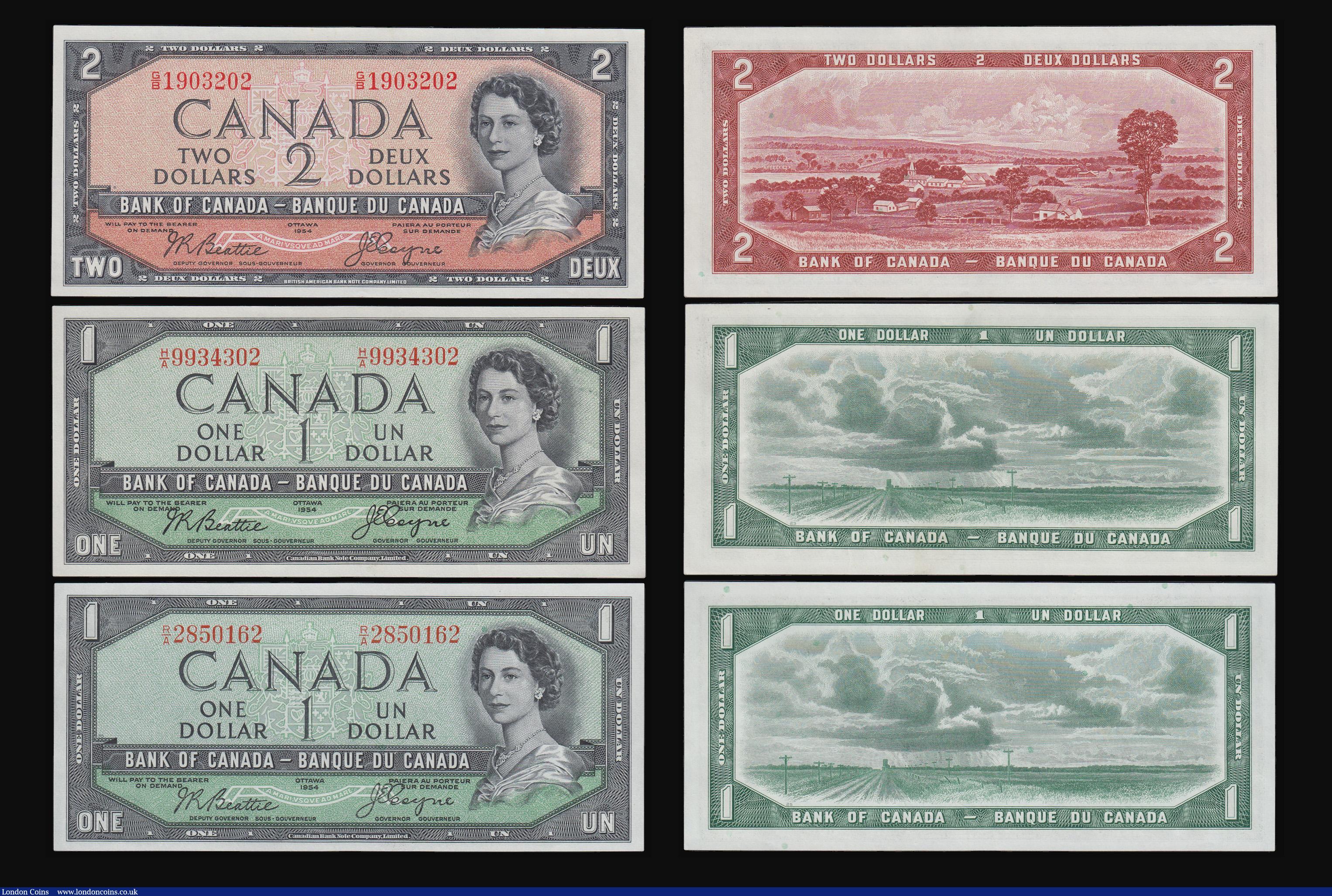 London Coins : A182 : Lot 124 : Canada (6) Devils Face issues (5)1 Dollar 1954 Pick 66 (2) both Beattie and Coyne, 2 Dollars 1954 Pi...