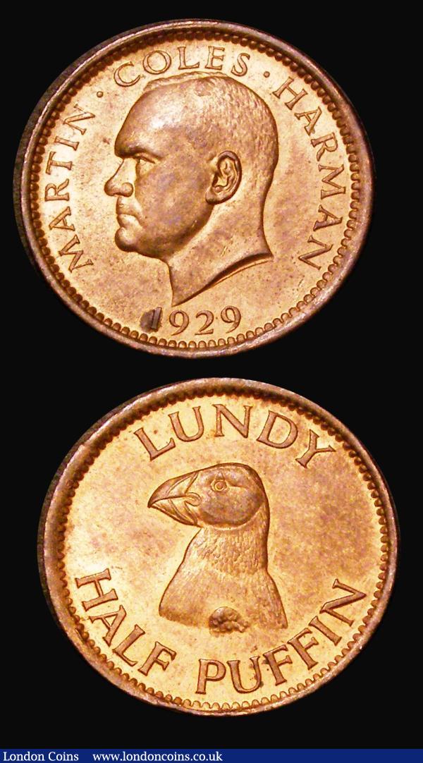 Lundy (2) Puffin 1929 S.7850, UNC and lustrous with minor cabinet friction and some small tone spots, Half Puffin 1929 S.7851 Lustrous UNC with a tone spot on the date : World Coins : Auction 182 : Lot 1252