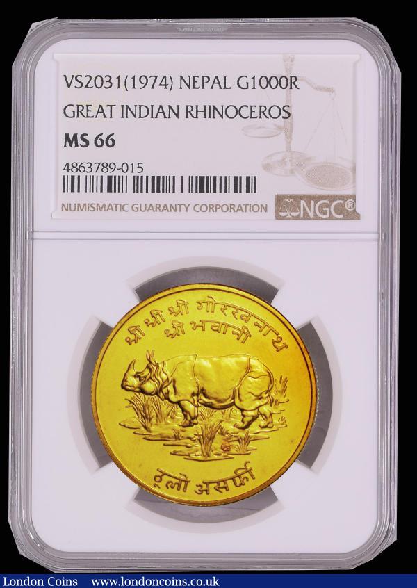 Nepal 1000 Rupees Gold VS2031 (1974) World Conservation Series Obverse: Crowned Bust of King Barendra right, Reverse: Great Indian Rhinoceros KM#844, Weight 33.43 grammes. NGC MS66 : World Coins : Auction 182 : Lot 1268