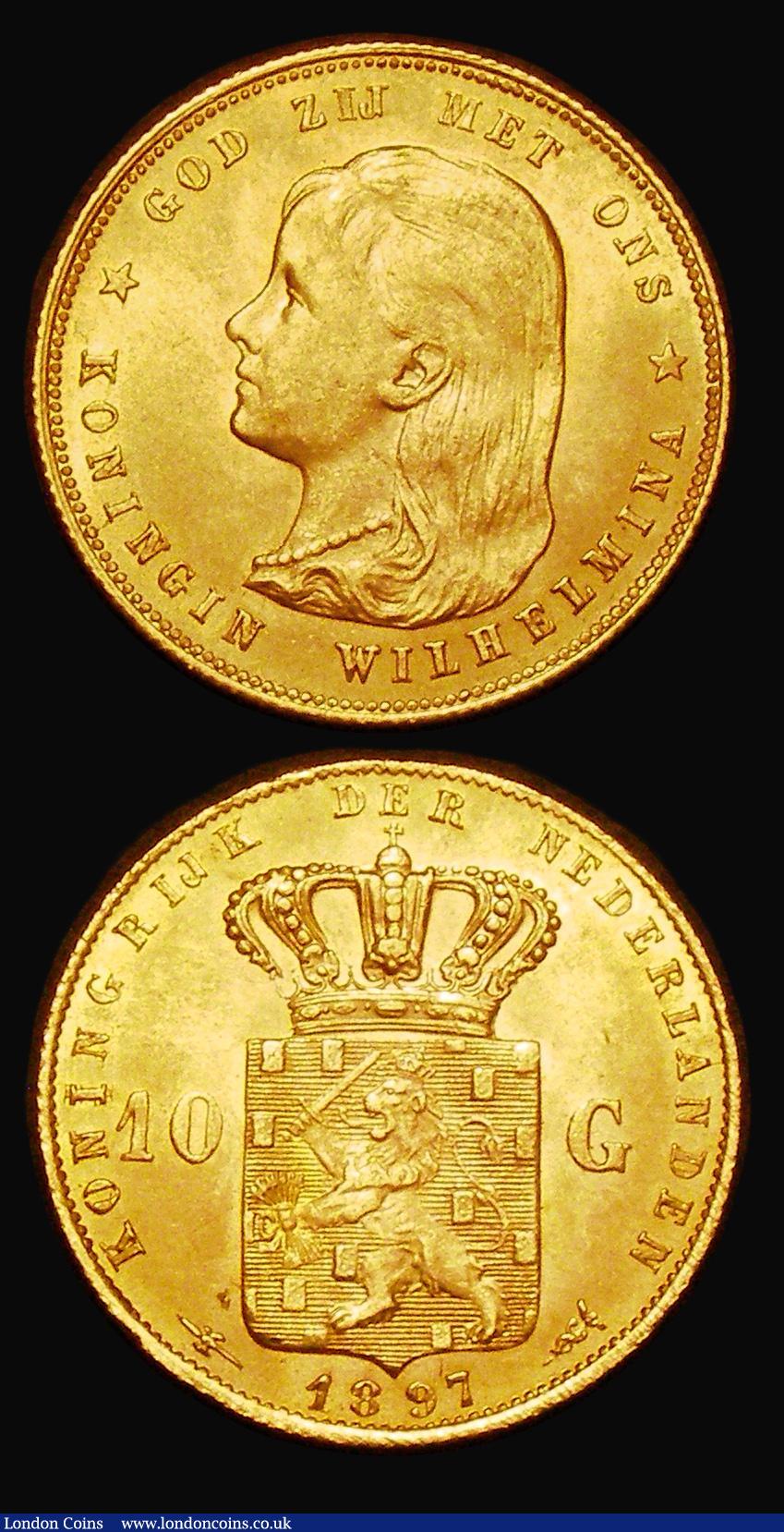London Coins : A182 : Lot 1276 : Netherlands Ten Gulden Gold 1897 KM#118 (2) both UNC or very near so and lustrous, one with an edge ...