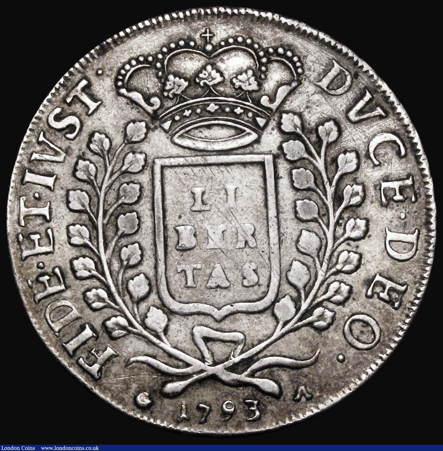London Coins : A182 : Lot 1300 : Ragusa 2 Ducati 1793 Marie Therasa KM21 approaching VF with some old scratches in the fields