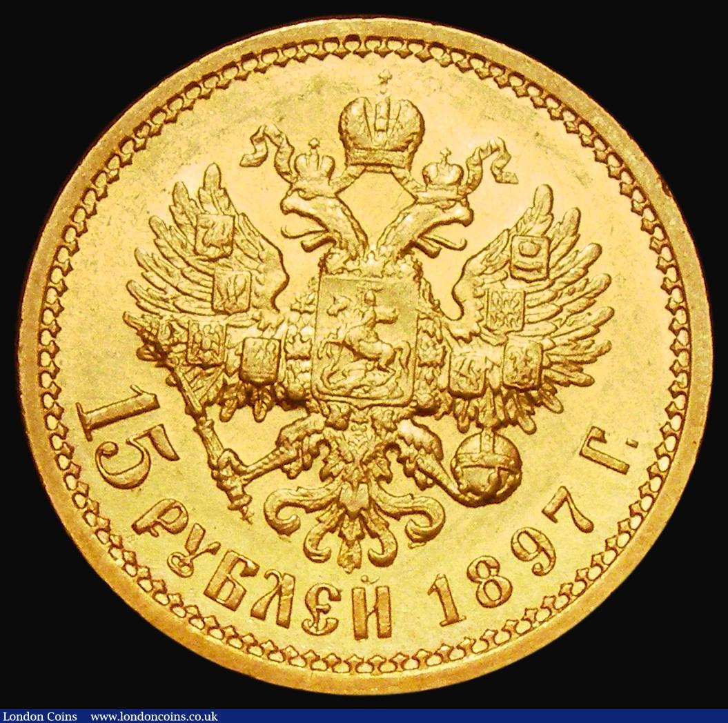 London Coins : A182 : Lot 1310 : Russia 15 Roubles Gold 1897AΓ Four letters of obverse legend below neck Y#65.2, NEF/EF, this d...