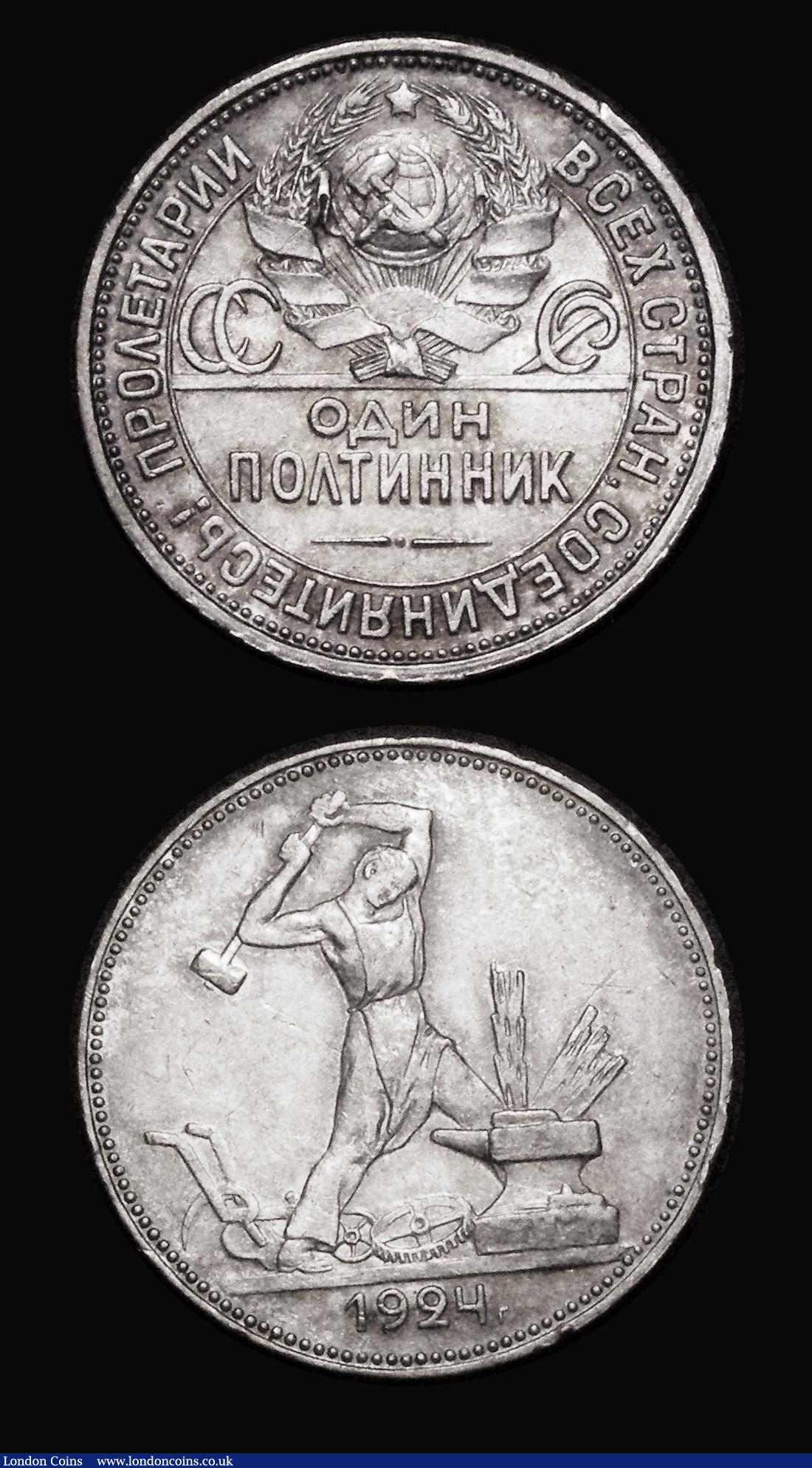 London Coins : A182 : Lot 1311 : Russia 1924 (2) Rouble 1Y#90.1 and 50 Kopeks 1924 Y#89.1 both EF or better with pleasant toning, a n...