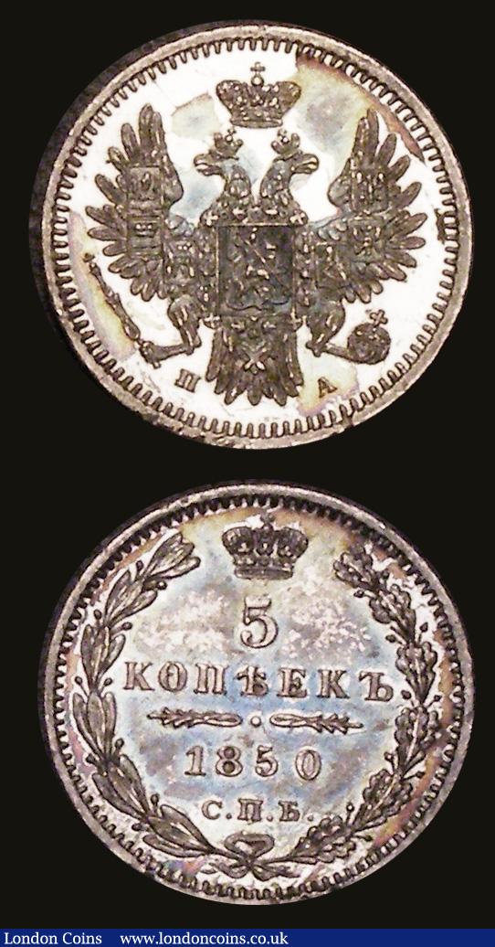 Russia Five Kopeks (2) 1830 CΠБ HΓ C#156 VF with some surface marks and a thin flan flaw on the reverse, 1850 CΠБ ΠA C#163 EF and colourfully toned with someedge nicks : World Coins : Auction 182 : Lot 1313