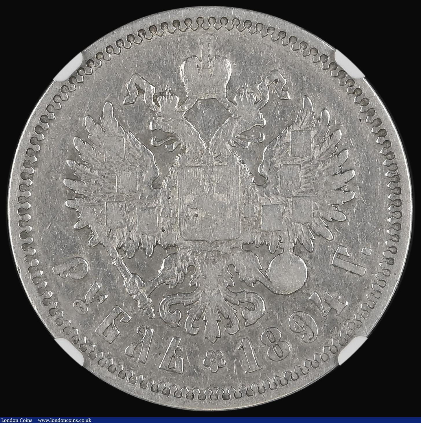 London Coins : A182 : Lot 1317 : Russia One Rouble 1894 AΓ Y#46 in an NGC holder and graded VF Details - Cleaned, rare with a m...