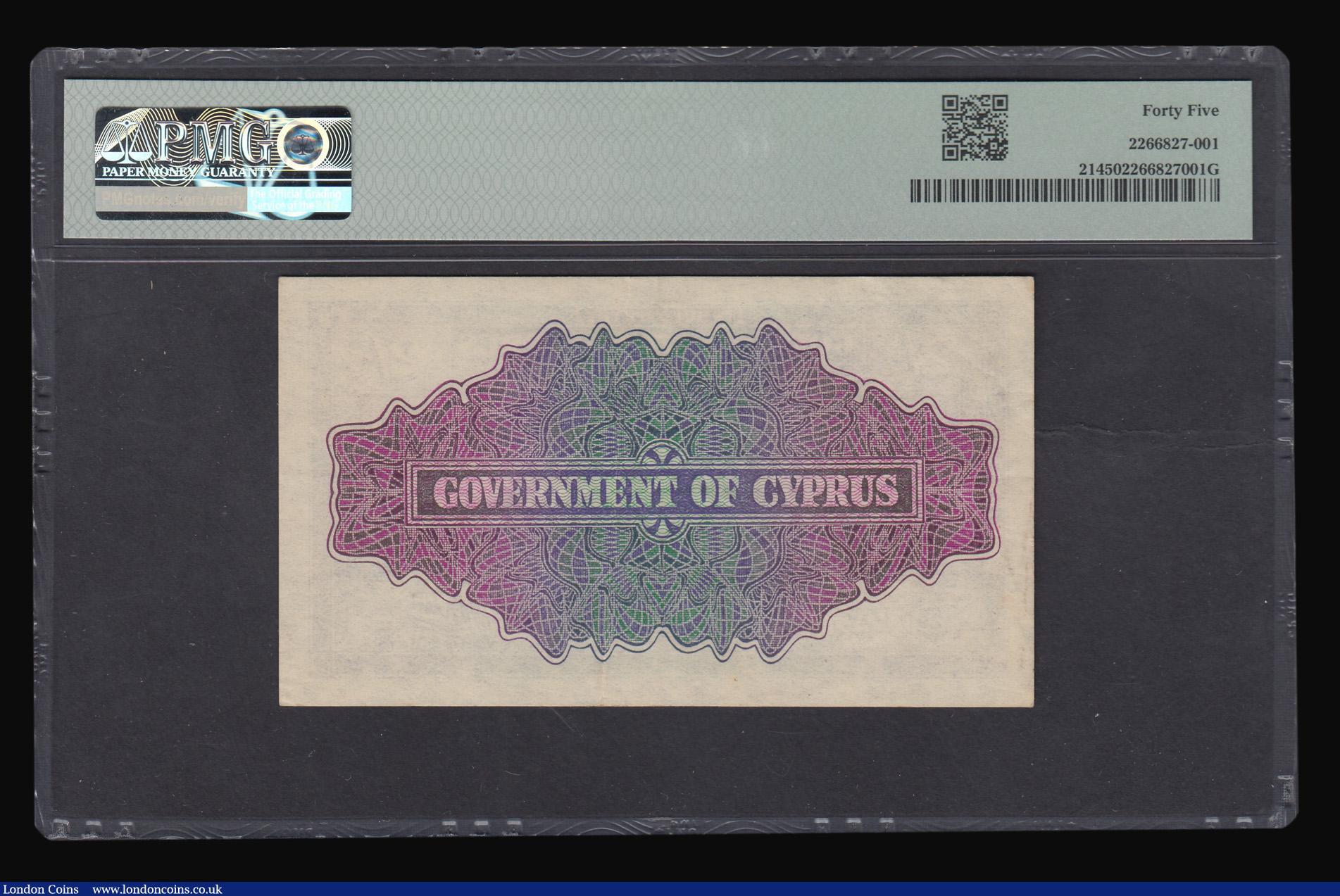 London Coins : A182 : Lot 135 : Cyprus 2 Shillings KGVI dated 29th May 1940 serial C/2 213849, Pick 21, Choice Extremely Fine PMG 45...