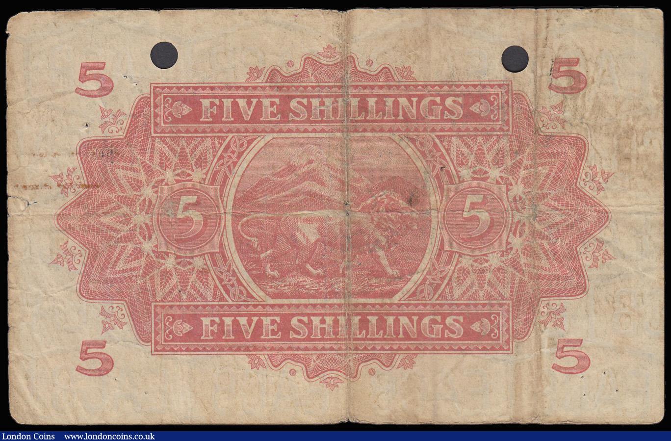 London Coins : A182 : Lot 142 : East Africa Currency Board 5 Shillings Mombasa 15 December 1921 C/8 98489 George V at right VG-Fine ...