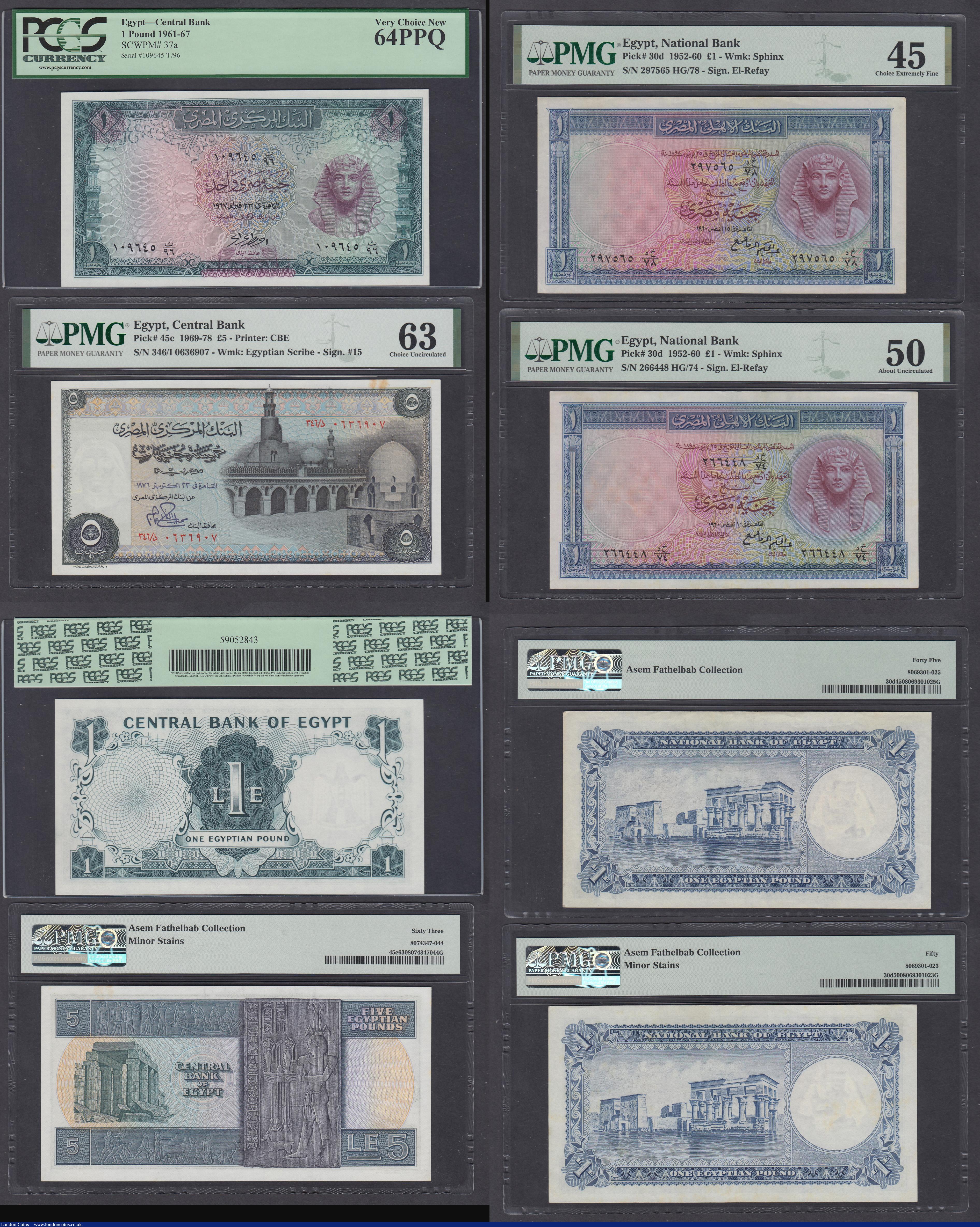 London Coins : A182 : Lot 148 : Egypt in third party grading holders (8) 1 Pound Pick 22 1938 PMG 58 EPQ, 25 Piastres 1952 Pick 28 (...