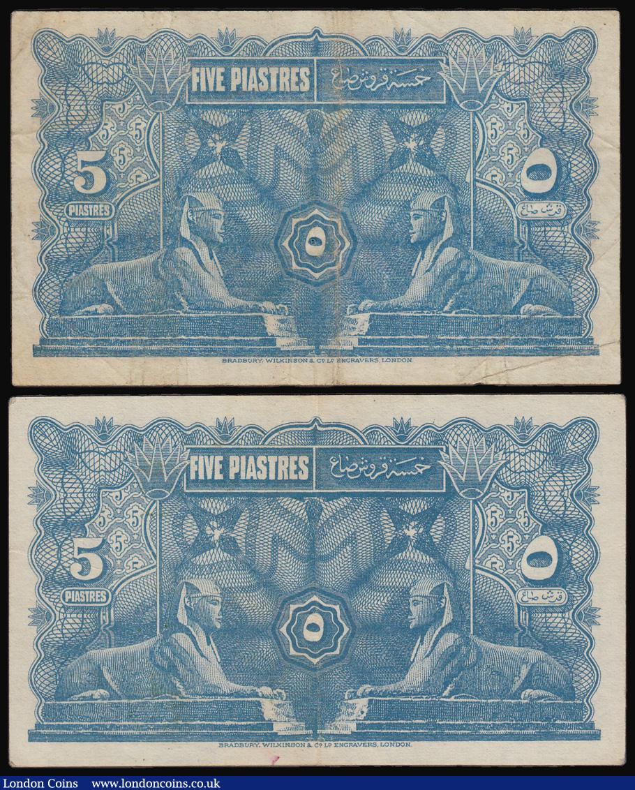 London Coins : A182 : Lot 152 : Egypt, EGYPT GOVERNMENT CURRENCY NOTE 5 Piastres 1 June 1918 (2) F/33 and G/21 prefixes F-VF Pick 16...