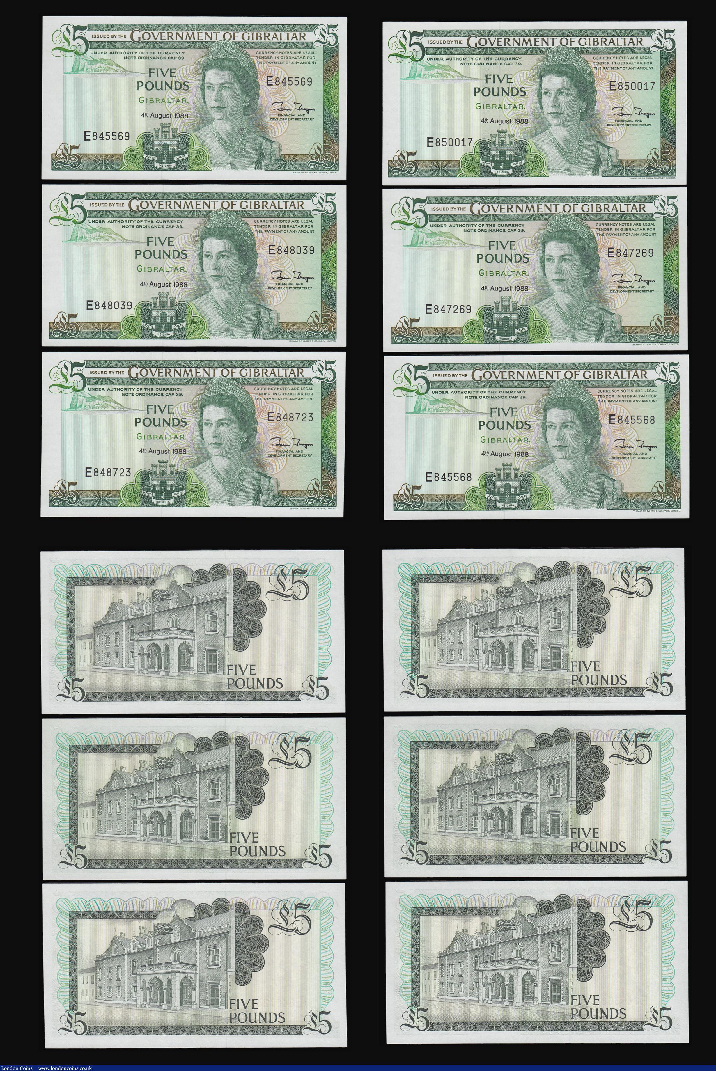 London Coins : A182 : Lot 162 : Gibraltar 5 Pounds 1988 (8) Unc some consecutive 1 Pound 20 Nov 1975 Unc