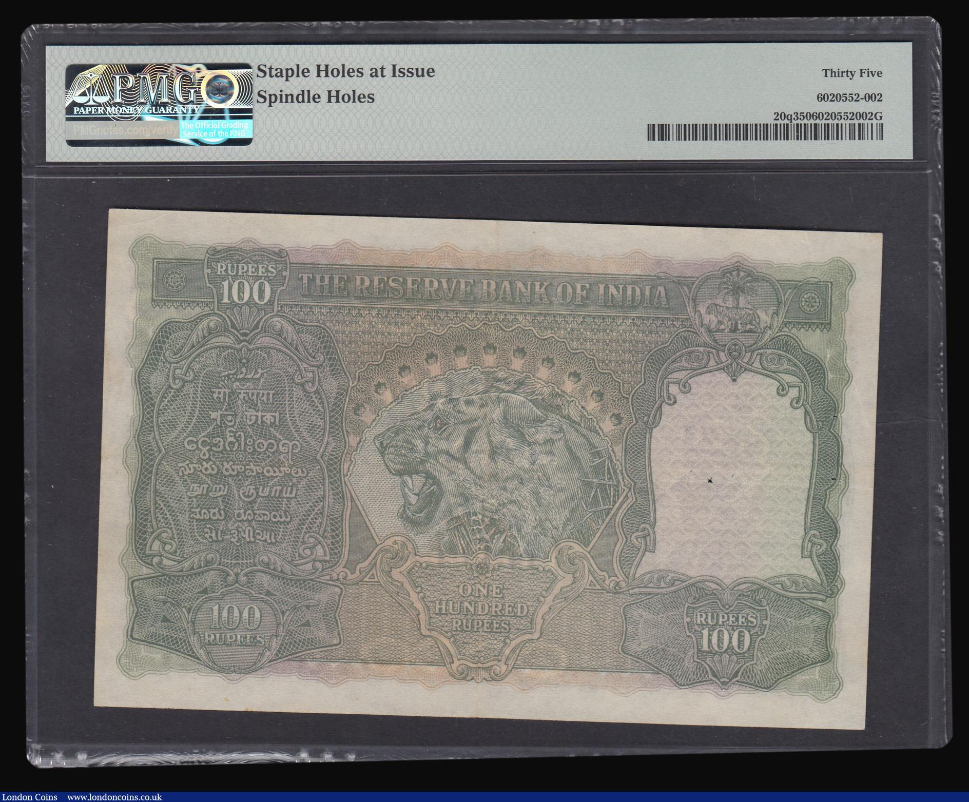 London Coins : A182 : Lot 169 : India 100 Rupees issued 1937 series A/46 605868, KGVI portrait at right, scarcer Karachi branch issu...