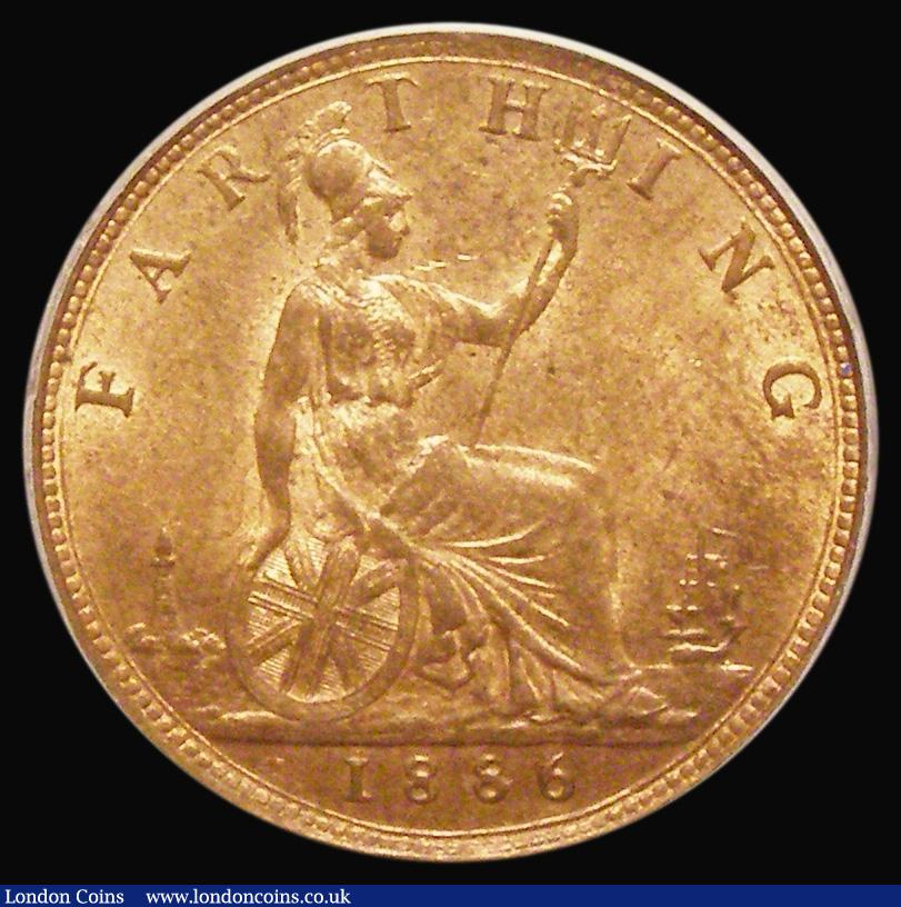 London Coins : A182 : Lot 1917 : Farthing 1886 Freeman 557, dies 7+F, UNC and choice with good lustre, a little subdued on the revers...