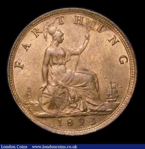 London Coins : A182 : Lot 1922 : Farthing 1893 Freeman 568, dies 7+F, Normal date spacing, LCGS variety 02, UNC and lustrous the obve...