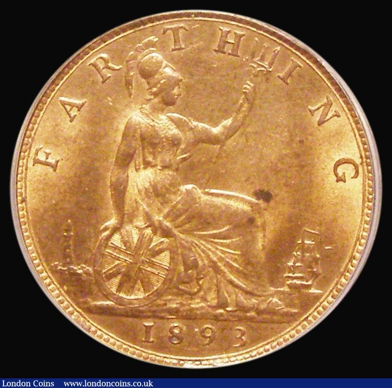 London Coins : A182 : Lot 1923 : Farthing 1893 Freeman 568, dies 7+F, UNC with good lustre, in an LCGS holder and graded LCGS 82