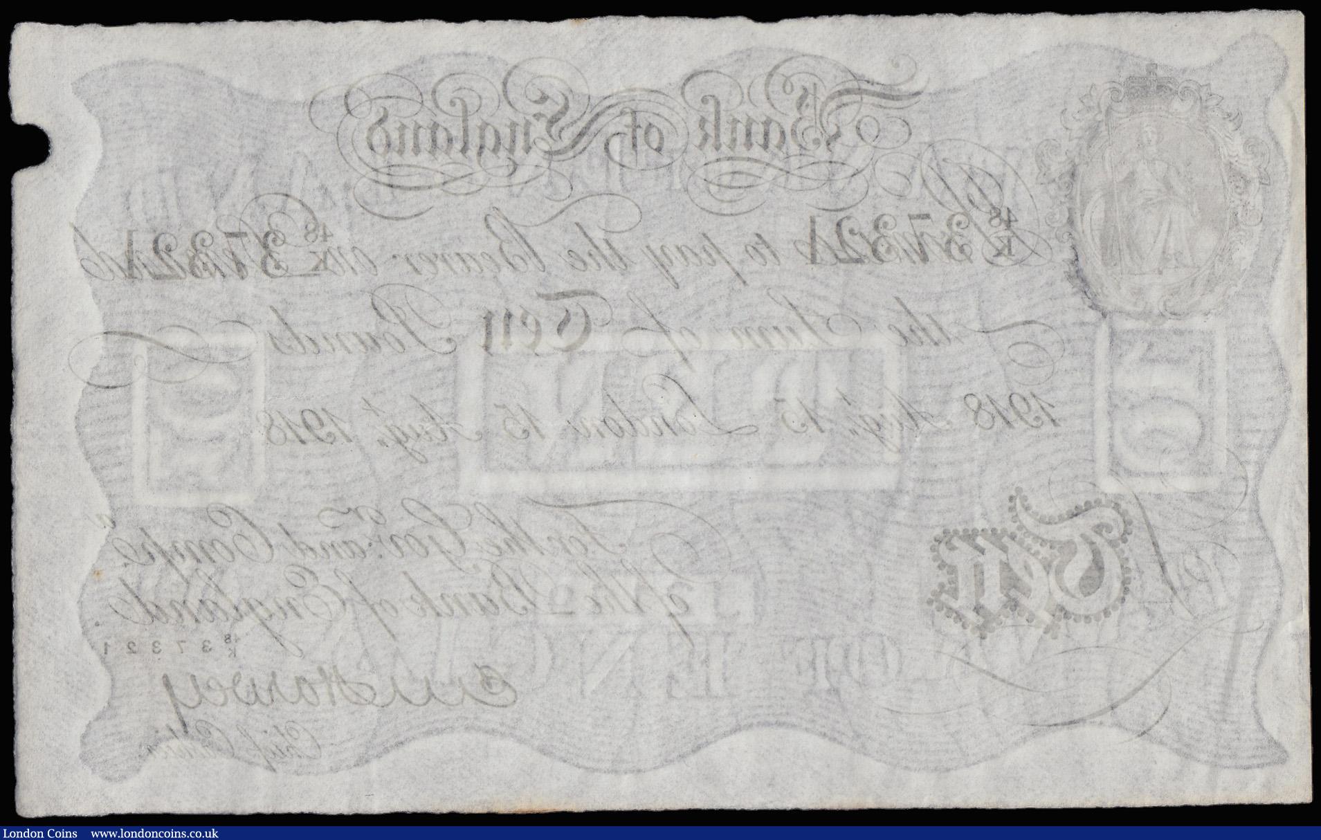London Coins : A182 : Lot 20 : Ten Pounds Harvey B209b dated Aug 15 1918, series 48/K 37321, London issue, pleasing GVF