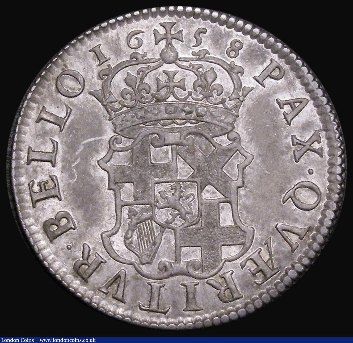 London Coins : A182 : Lot 2010 : Shilling 1658 ESC 1005, Bull 254, NEF/ About EF with soft grey tone over multi-coloured underlying p...