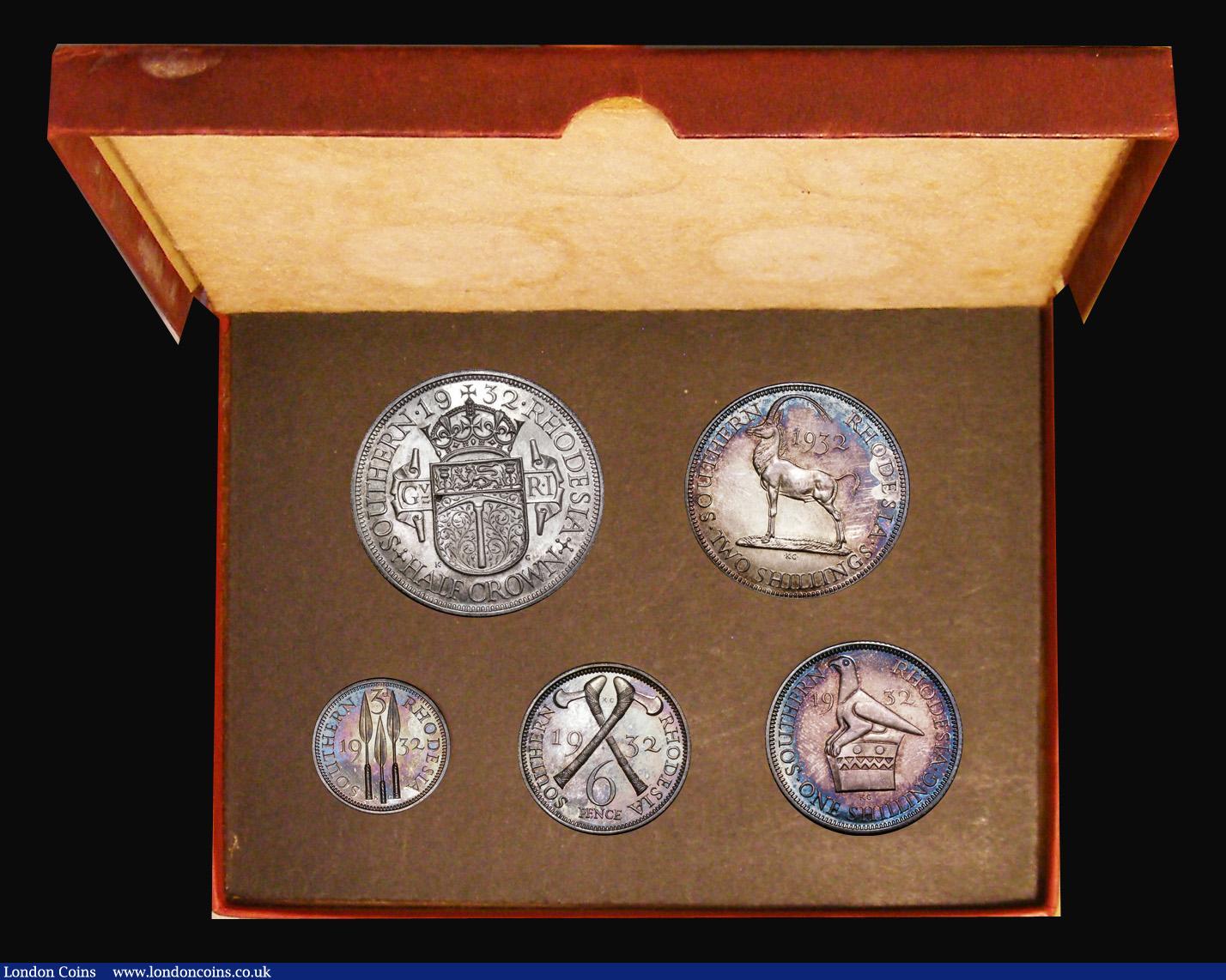 London Coins : A182 : Lot 2066 : Southern Rhodesia Proof set 1932 the 5-coin silver set Halfcrown, Florin, Shilling, Sixpence, and Th...