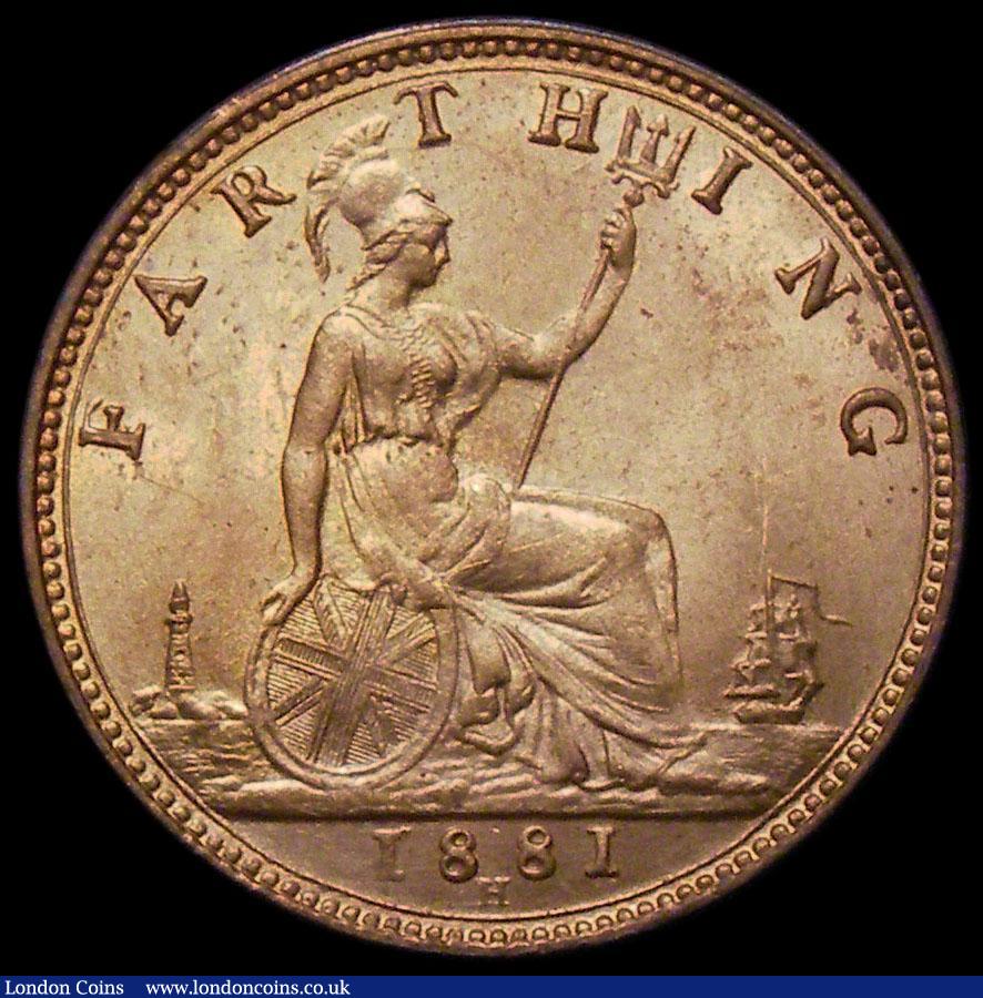 London Coins : A182 : Lot 2339 : Farthing 1881H Cooke type B, Freeman 548, dies 7+E, Choice UNC with practically fully lustre, slabbe...