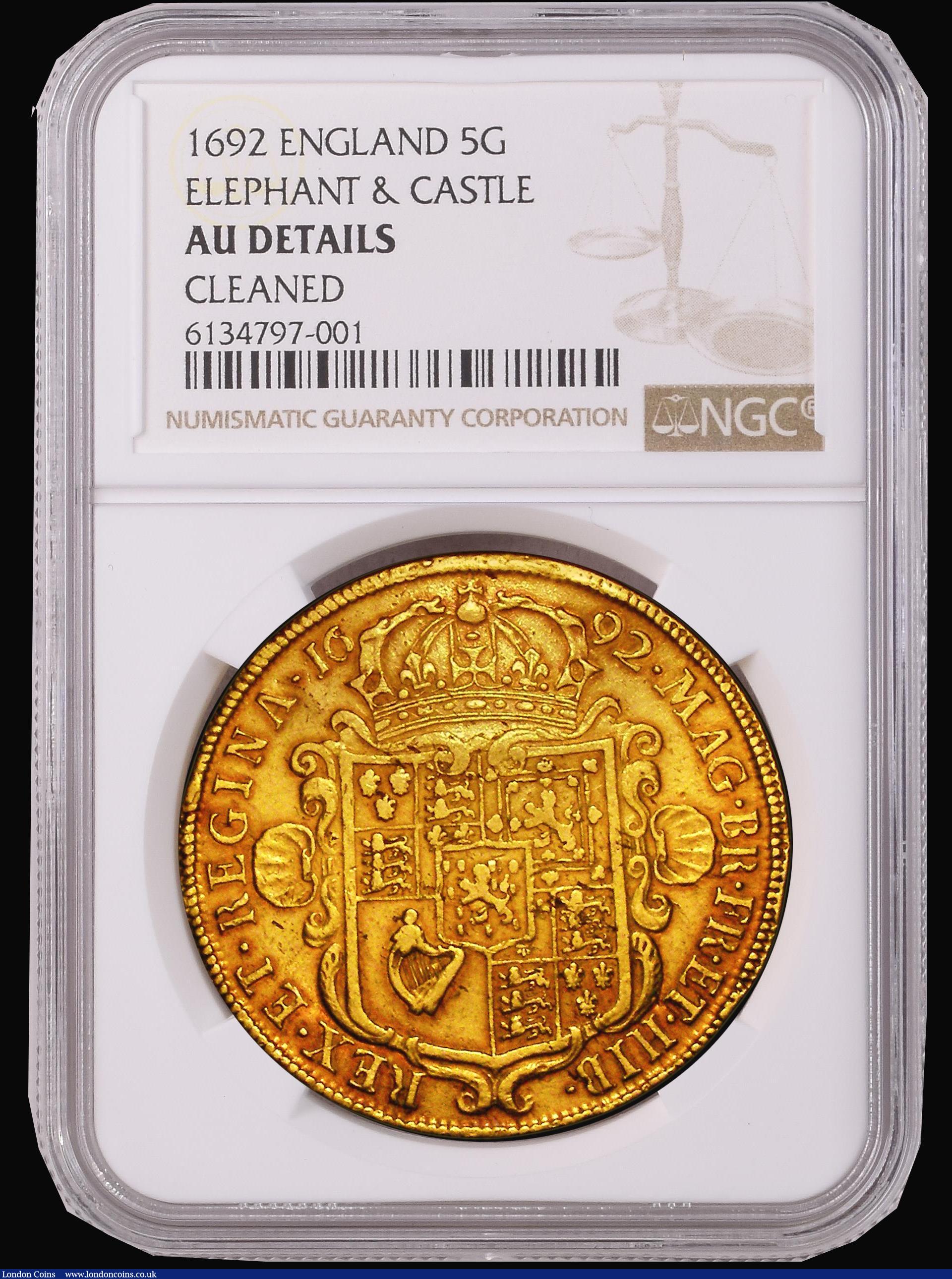 London Coins : A182 : Lot 2354 : Five Guineas 1692 Elephant and Castle, QVARTO edge, as S.3423 with R of REX over a higher R, NGC AU ...