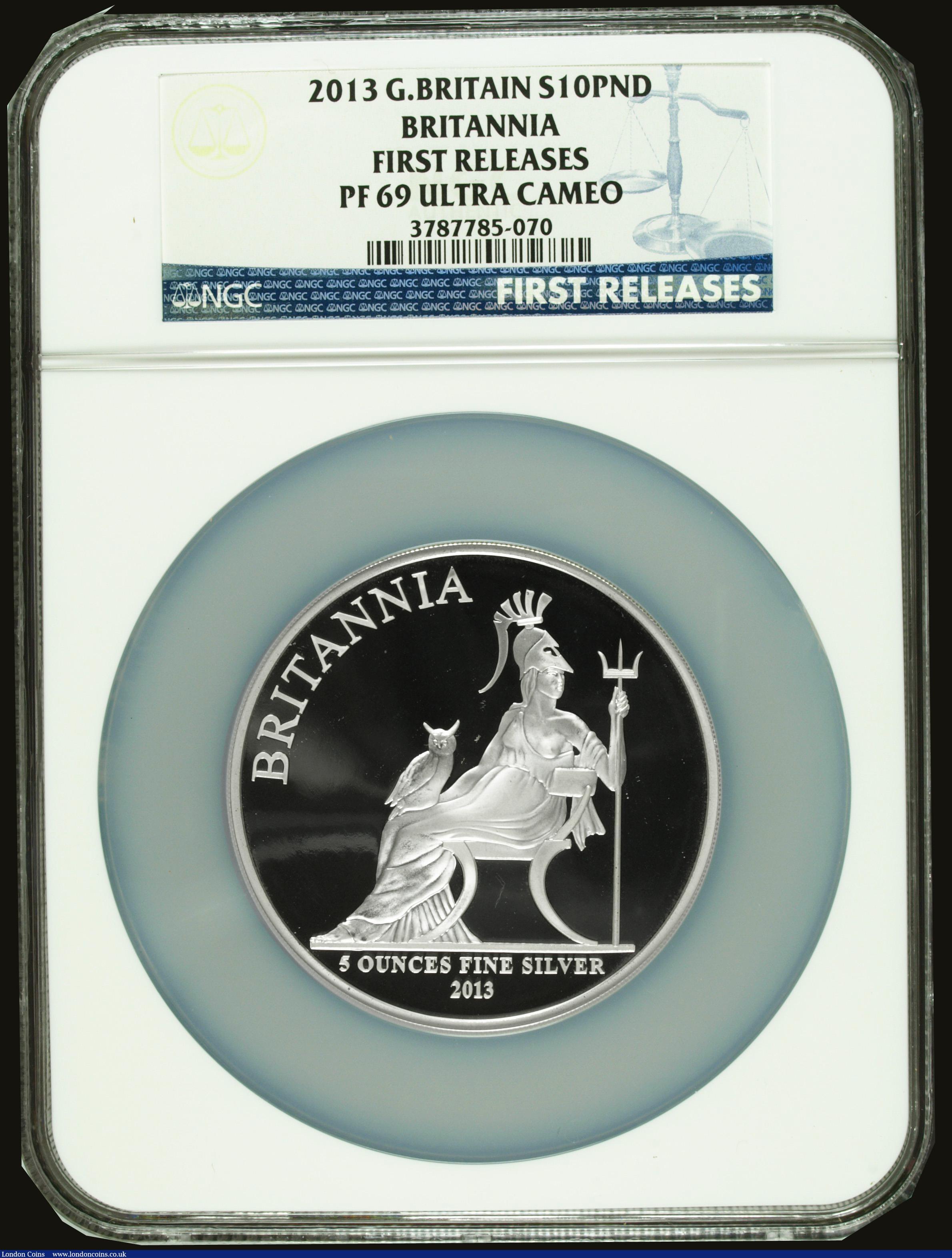 London Coins : A182 : Lot 265 : Britannia Ten Pounds 2013 5oz.Silver Proof FDC in a large size NGC holder and graded PF69 Ultra Came...