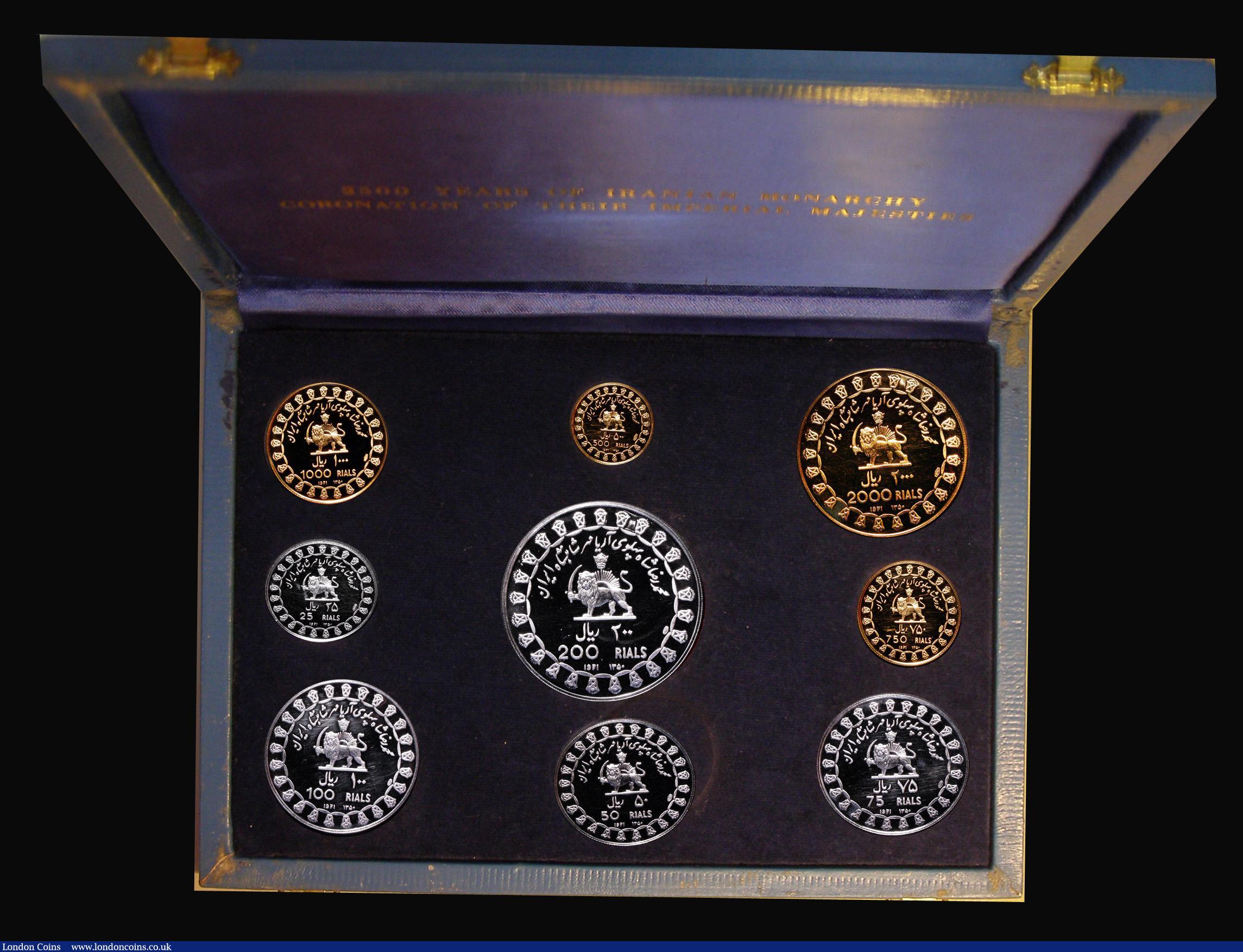 London Coins : A182 : Lot 512 : Iran Proof Set 1971 (SH1350) 2500 Years of the Iranian Monarchy, a 9-coin set (4 in gold and 5 in si...