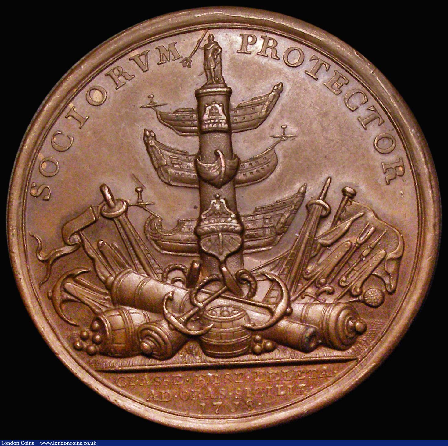 London Coins : A182 : Lot 668 : Spanish Fleet Destroyed off Cape Passaro 1718 45mm diameter in bronze, by J. Croker, Obverse: Bust r...