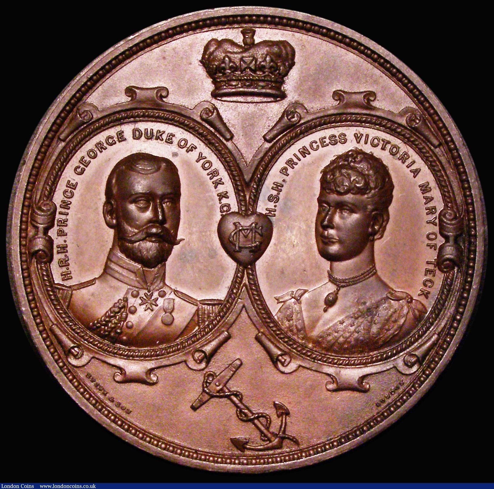 London Coins : A182 : Lot 833 : Marriage of George, Duke of York to Mary of Teck 1893, 51mm diameter in bronze, by Spink & Son, ...