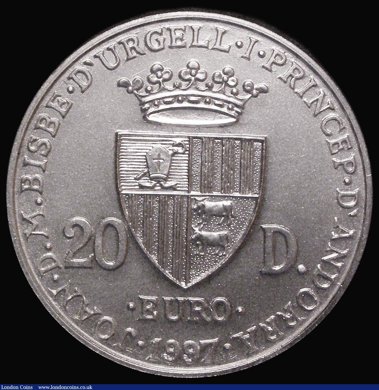 London Coins : A182 : Lot 996 : Andorra 20 Diners 1997 Treaty at Rome, in silver with 1.6 grammes 22 carat gold inlay KM#128 UNC