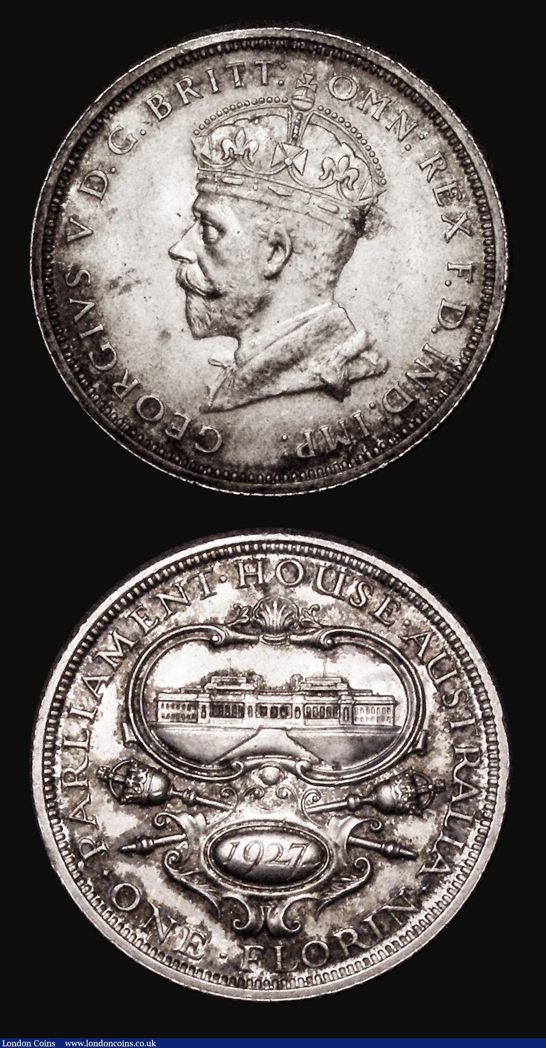 London Coins : A182 : Lot 999 : Australia Florin 1927 Parliament House KM#31 (2) both Choice Unc with light peripheral toning over m...