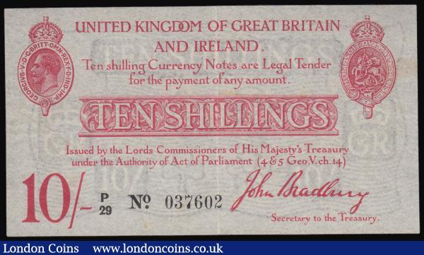 Ten Shillings Bradbury T13.1 issued 1915 series P/29 037602 VF : English Banknotes : Auction 182 : Lot 10