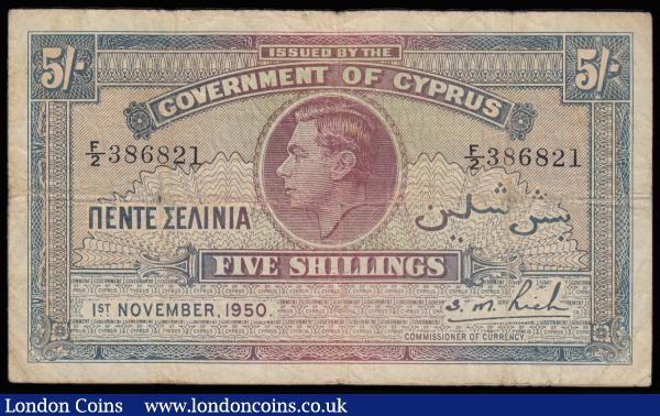 Cyprus 5 Shillings dated 1st November 1950 series F/2 386821, KGVI portrait at centre, Pick22, VG-Fine : World Banknotes : Auction 182 : Lot 138