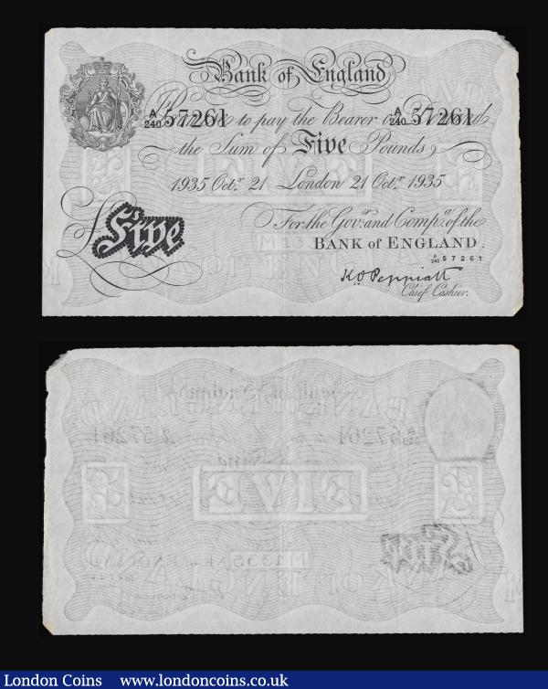 Five Pounds Peppiatt London Operation Bernhard (2) 1935 A/240 57261 GVF top right corner missing as usual and 1936 A/235 05291 GVF with some edge nicks : English Banknotes : Auction 182 : Lot 33