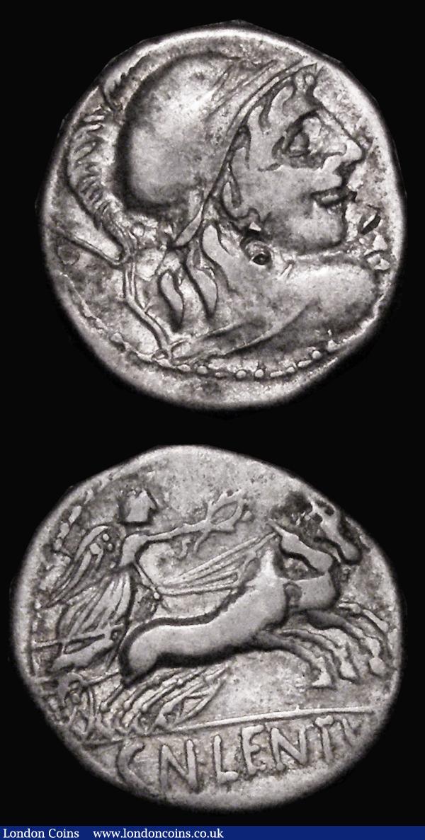 Roman Republic Denarius (2) L.Rubrius Cossenus (87BC) Obverse: Laureate head of Jupiter right, DOSS [EN] below, Reverse: Triumphal Quadriga, with thunderbolt on the side, with small Victory (Victory off flan), L.RVBRI in exergue. Crawford 348/1, Sydenham 705, 3.76 grammes, Near Fine, Cn. Lentulus Clodianus (88BC) Obverse: helmeted bust of Mars right, seen from behind, Reverse: Victory in biga right, CH. LENTV [L] below, Crawford 345/1, Sydenham 702, 3.51 grammes, Fine and pleasing for the grade : Ancient Coins : Auction 183 : Lot 1319