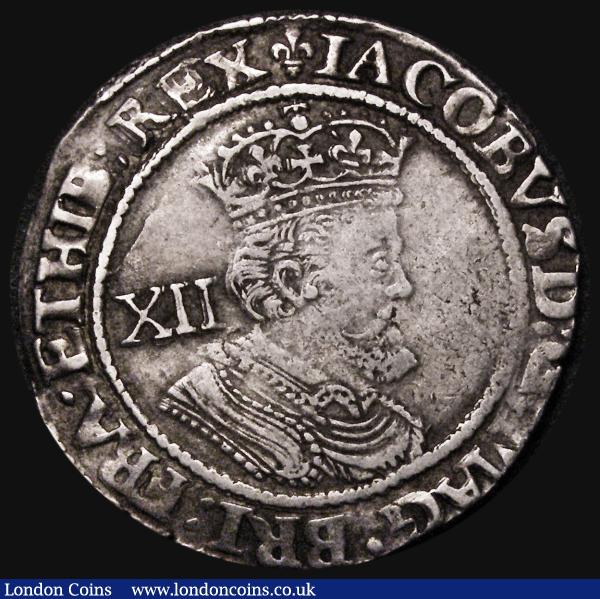 Shilling James I Third Coinage, Sixth Large Bust with curly hair, S.2668, mintmark Lis, 6.03 grammes, Good Fine/NVF with a small edge flaw : Hammered Coins : Auction 183 : Lot 1386