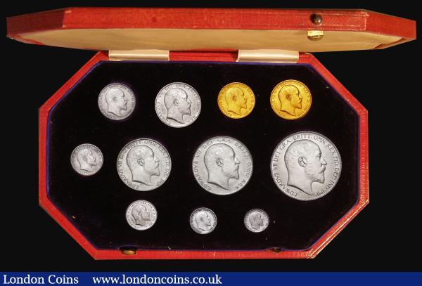 Proof Set 1902 the short Matt Proof issue (11 coins) Sovereign to Maundy Penny, comprising Sovereign UNC to nFDC, Half Sovereign with a hairline scratch on the obverse and minor cabinet friction to the reverse, the silver with minor contact marks and hairlines, and the odd small spot, in the red Royal Mint box of issue, the top a little faded  : English Coins : Auction 183 : Lot 1393