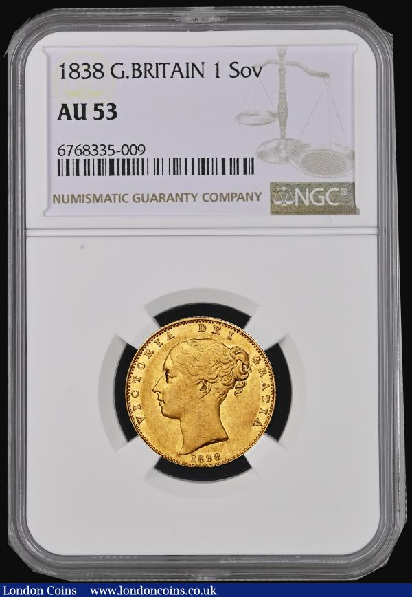 Sovereign 1838 Marsh 22, S.3852 in an NGC holder and graded AU53, a rare date and always sought after : English Coins : Auction 183 : Lot 2191