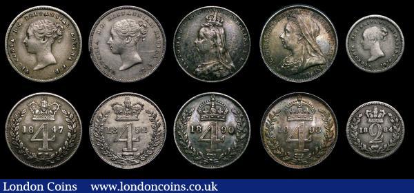 Maundy Odds (5) Fourpences (4) 1847 Good Fine with some scratches, 1852 NEF cleaned with some edge nicks, 1890 Fine, cleaned, 1898 EF and attractively toned, Twopence 1884 VG : English Bulk Lots : Auction 183 : Lot 2589