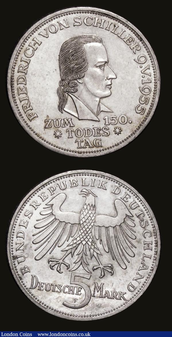 Germany - Federal Republic Five Marks (2) 1955F 150th Anniversary of the Death of Friedrich von Schiller KM#114 EF with some minor contact marks, 1955G 300th Anniversary of Ludwig von Baden KM#115 EF : World Coins : Auction 183 : Lot 976