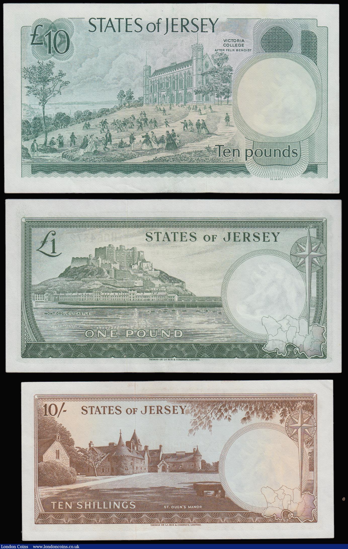 London Coins : A183 : Lot 105 : Jersey  (3) 10 Pounds  Pick 13A ND 1976 signature Clennet serial number CB   ,1 Pound Pick 8b ND 197...