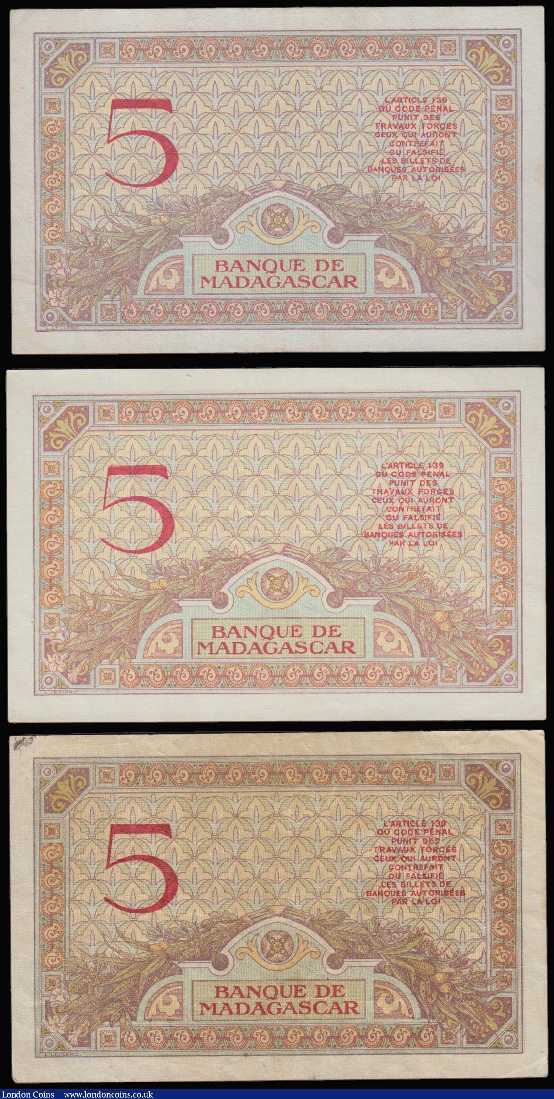London Coins : A183 : Lot 111 : Madagascar (3) a trio of the 5 Francs Pick 35 ND circa 1937 in average GVF (3) including block B.215...