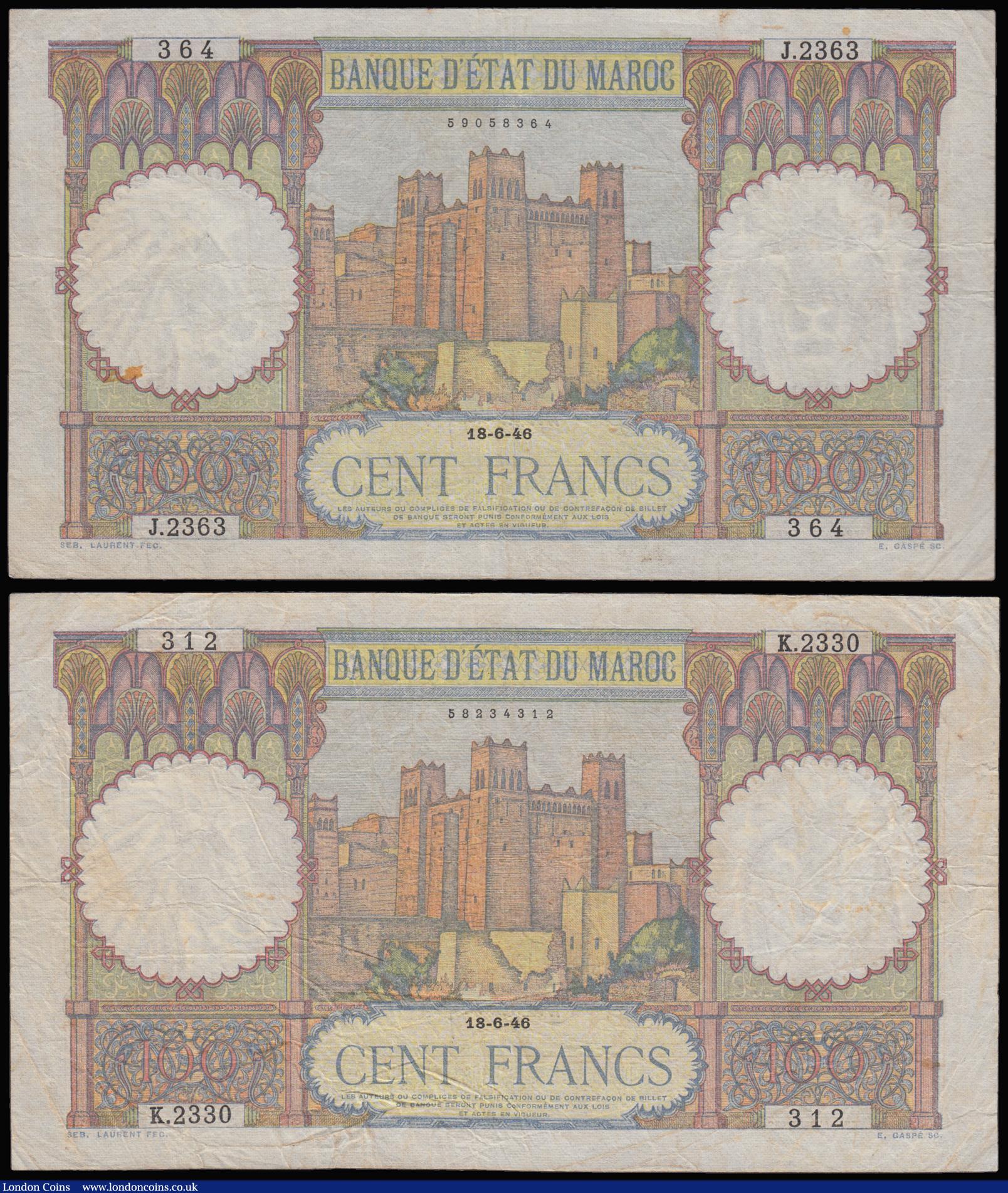 London Coins : A183 : Lot 113 : Morocco (2) a pair of the 100 Francs Pick 20 dated 18th June 1946 both VF or near and comprising blo...
