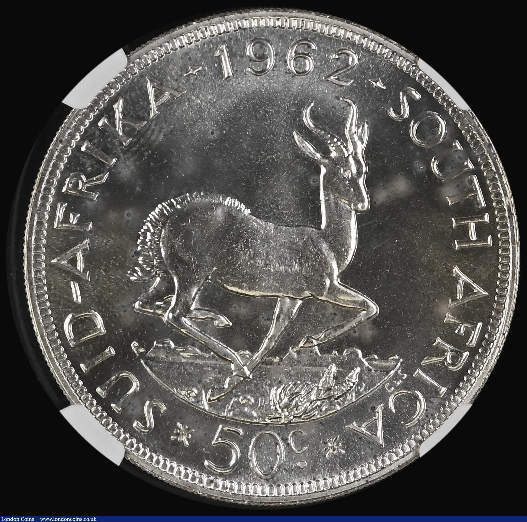 London Coins : A183 : Lot 1133 : South Africa 50 Cents (2) 1962 Prooflike KM#62 in an NGC holder and graded PL64, 1963 KM#62 in an NG...