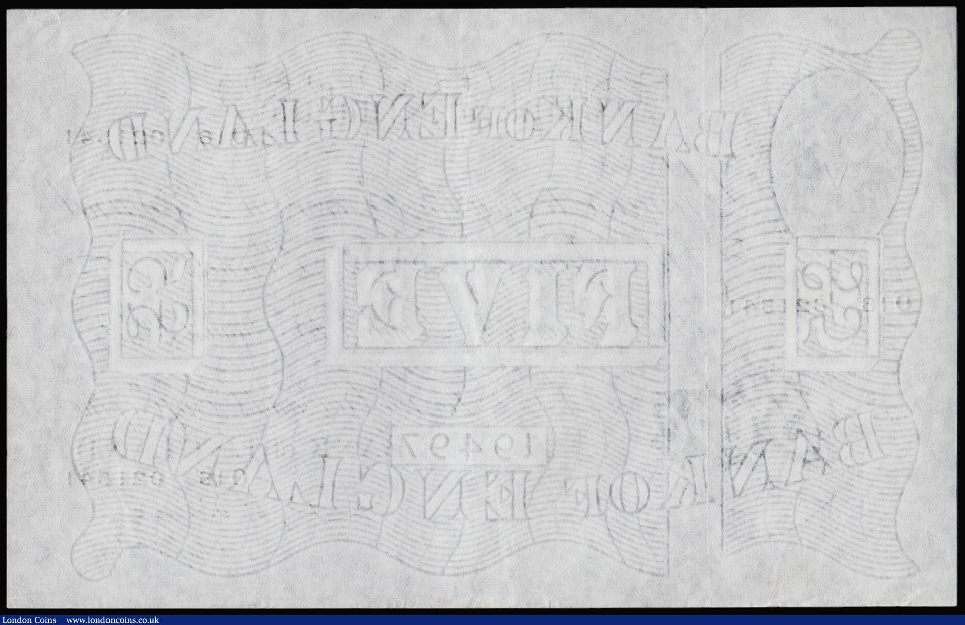 London Coins : A183 : Lot 13 : Five Pounds Beale white B270 dated 15th August 1949 series O16 021541, Pick344, EF