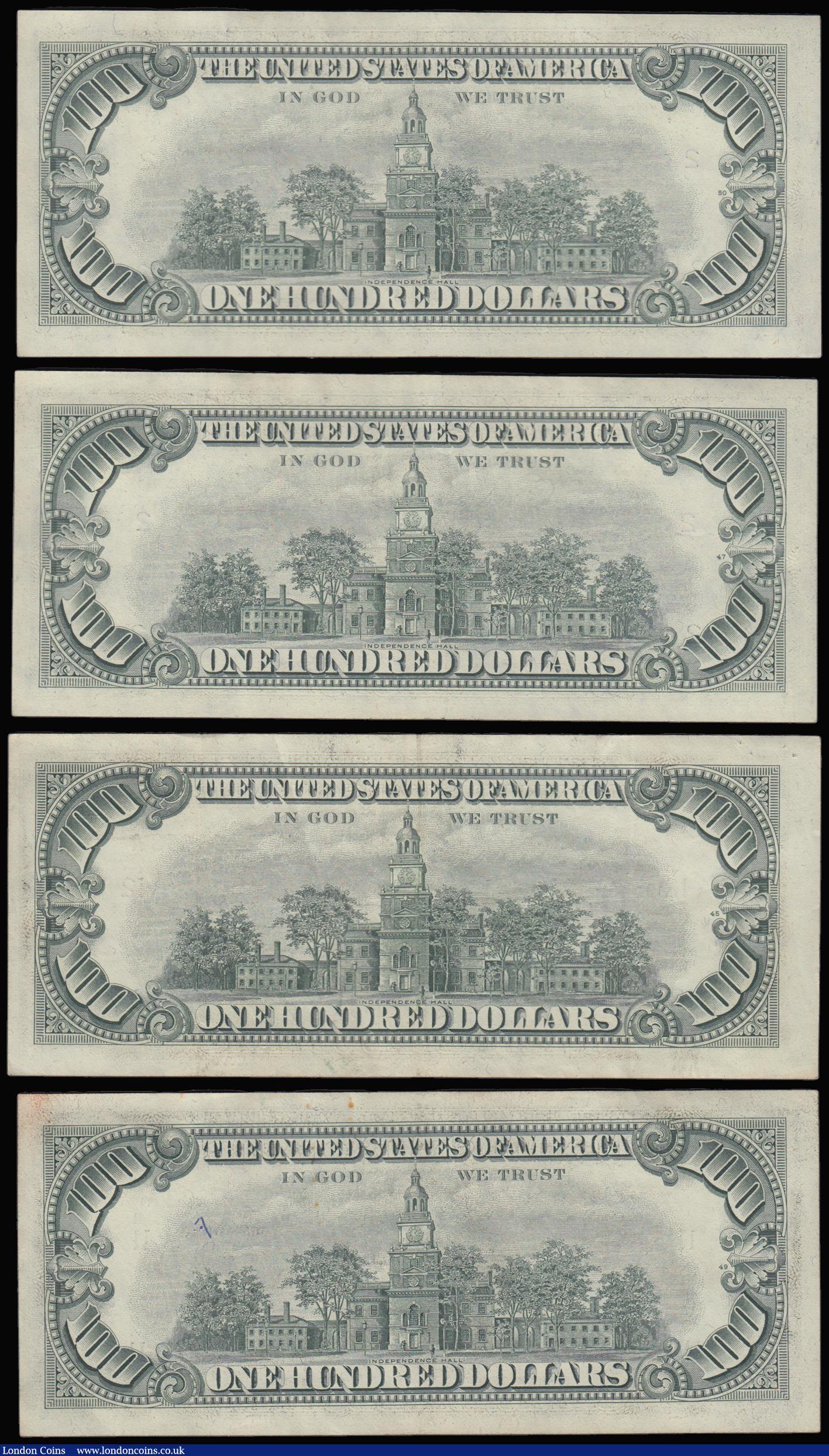 London Coins : A183 : Lot 130 : USA 100 Dollars Series of 1977 Pick 467 Benjamin Franklin facing portrait (4) one is GVF the others ...