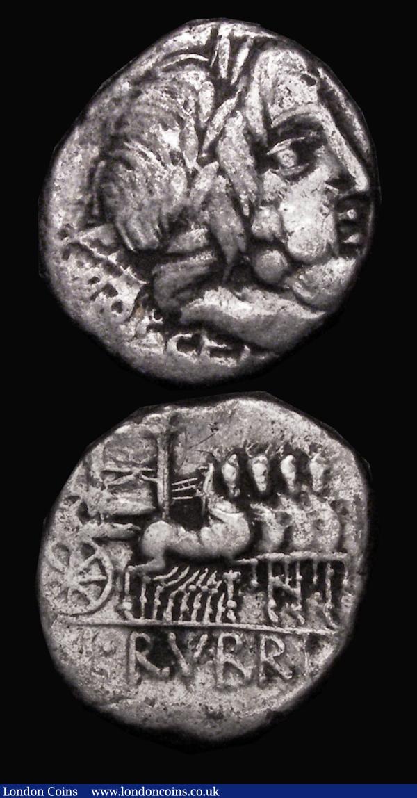 Roman Republic Denarius (2) L.Rubrius Cossenus (87BC) Obverse: Laureate head of Jupiter right, DOSS [EN] below, Reverse: Triumphal Quadriga, with thunderbolt on the side, with small Victory (Victory off flan), L.RVBRI in exergue. Crawford 348/1, Sydenham 705, 3.76 grammes, Near Fine, Cn. Lentulus Clodianus (88BC) Obverse: helmeted bust of Mars right, seen from behind, Reverse: Victory in biga right, CH. LENTV [L] below, Crawford 345/1, Sydenham 702, 3.51 grammes, Fine and pleasing for the grade : Ancient Coins : Auction 183 : Lot 1319
